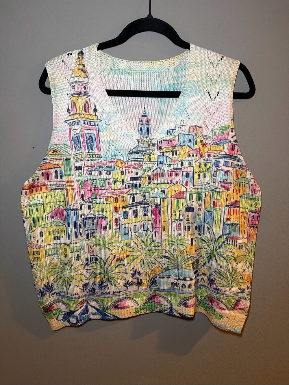 Colorful Mediterranean Village Scenic Print Sleeveless Sweater Vest Open Knit